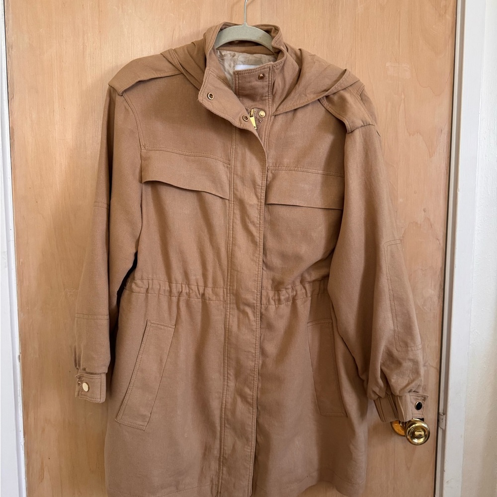 Zara Women's Tan Hooded Lined Linen Trench Coat - Medium